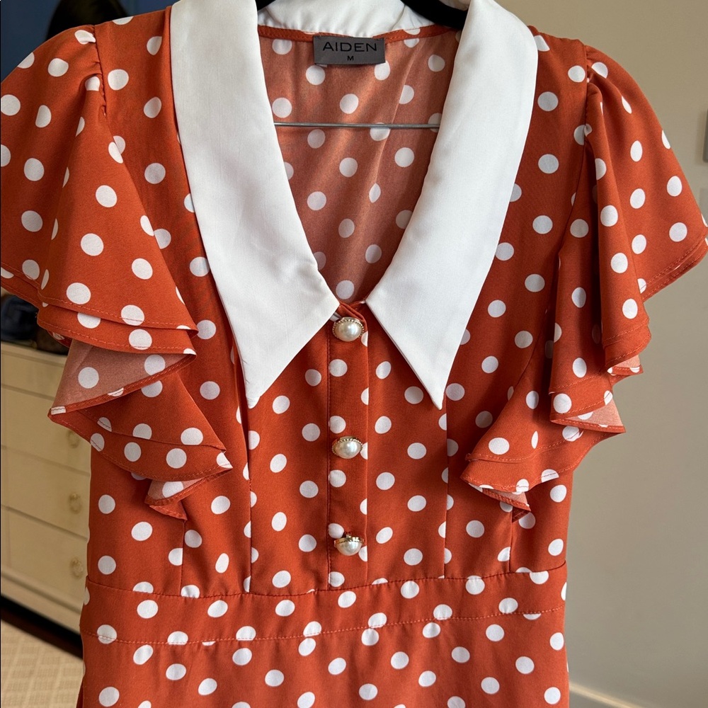 Aiden - Women’s Orange Polka Dot Mini Dress w/ White Collar - Size: Medium - Picture 2 of 10